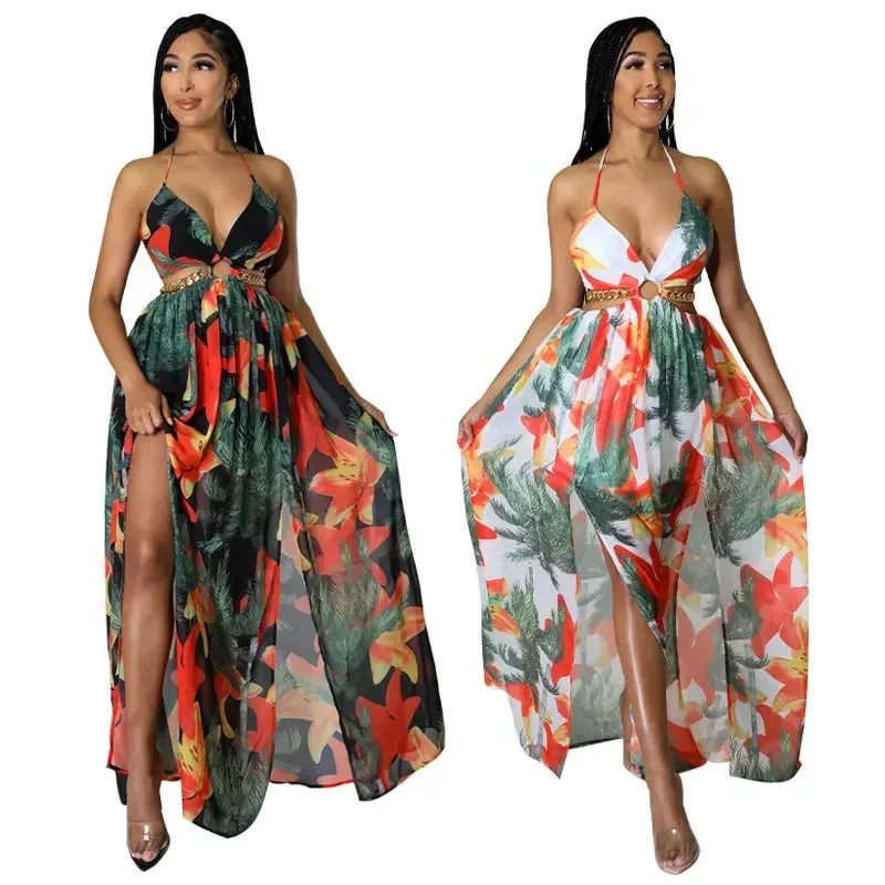 Floral Print Maxi Dress For Women Stylish French Halterneck Summer Dress Mid Length Camisole Dress Elegant High Split Dress