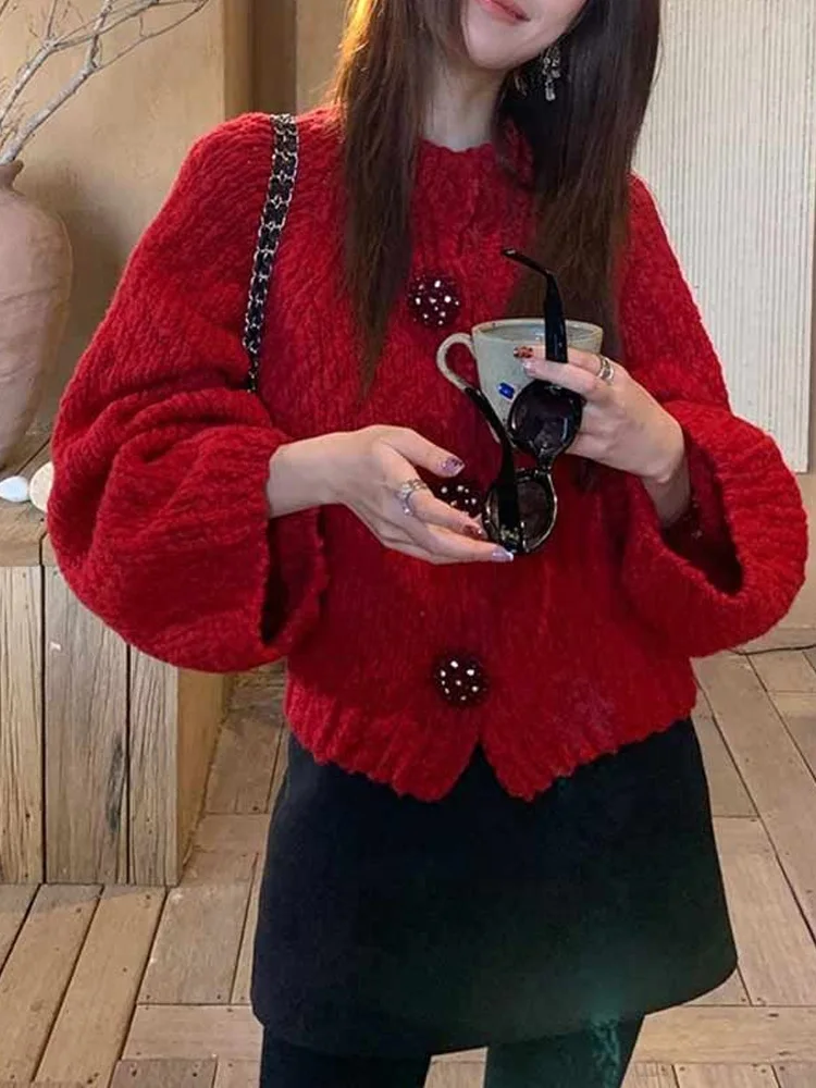 Winter New Red Knitted Open Cardigan Women Soft Casual Warm Sweater High Sensation Long Sve Top Casual Sle Medium Thin