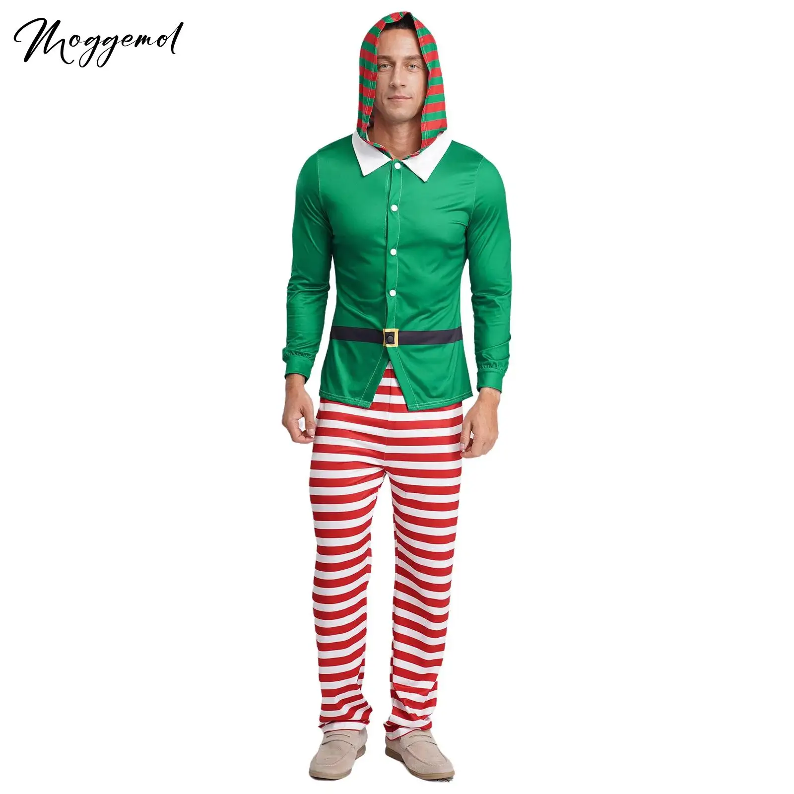 Mens Christmas Elf Pajamas Party Cosplay Costume Long Sleeve Hooded Top And Striped Pants Set for Xmas Holiday Eve Gathering