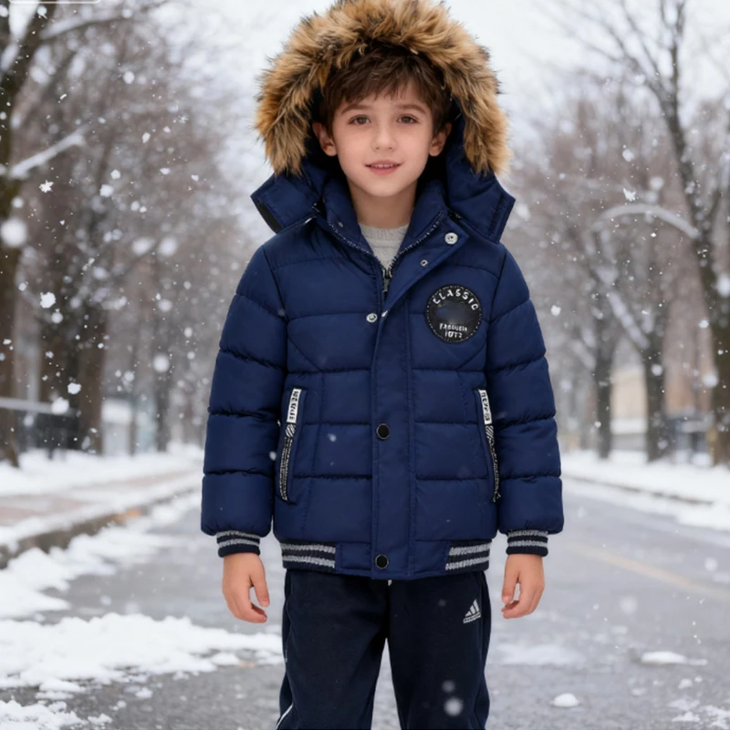 Winter Boy Jacket Thicken Keep Warm Baby Coat Hooded Zipper Fashion Fur Collar Boys Outerwear 2 3 4 5 6 Years Kids Clothes