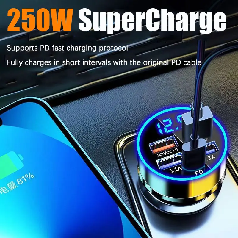 Car Phone Charger USB C, 250W Cigarette Lighter USB Charger Adapter Car Accessories for Men, Mini USBC Car Fast Charging Adapter