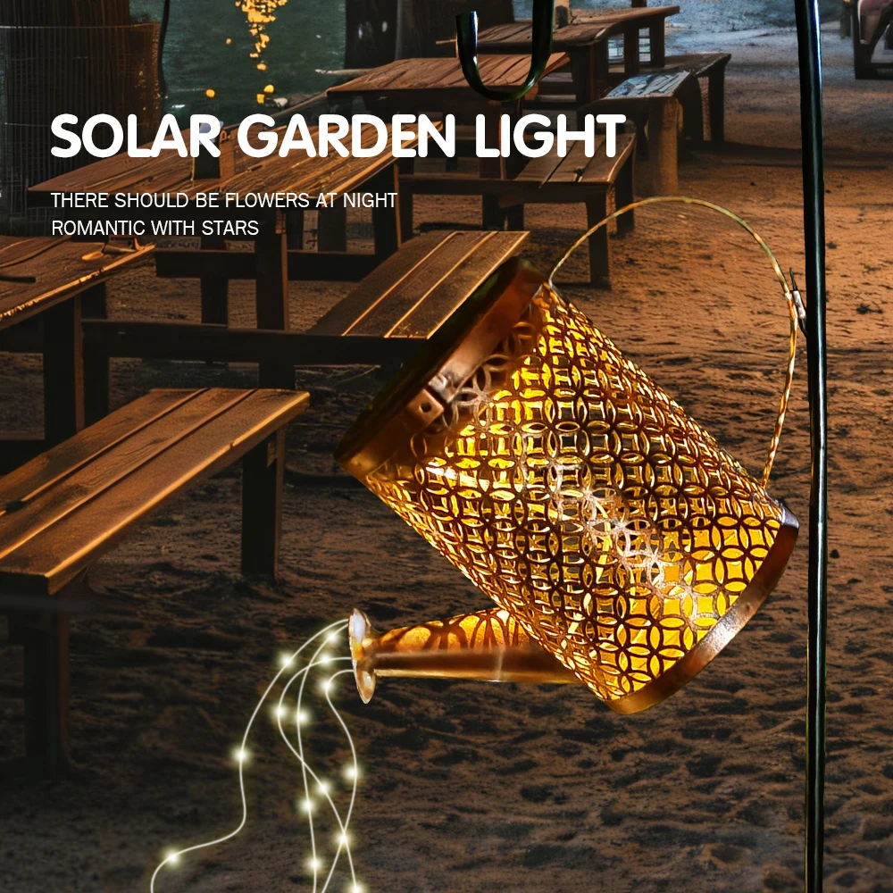 Large Retro Metal Lantern Solar Watering Can Light Outdoor Waterproof Shower Lights Hanging Star LED Fairy for Garden Decoration