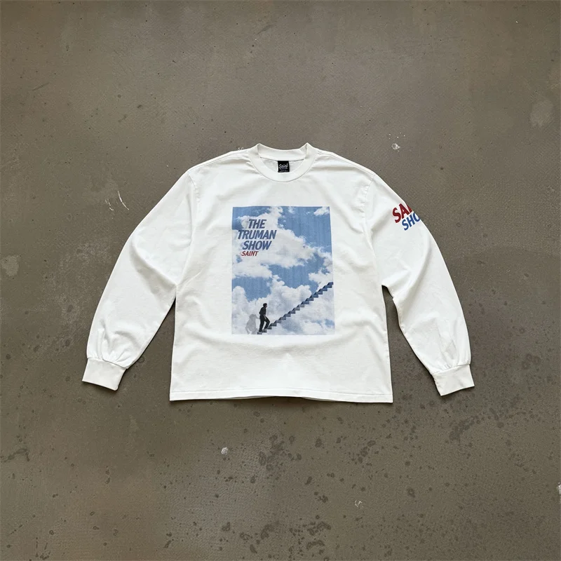 High Street Patterned Print Concrete White Long-Sleeve T-Shirt Saint Men Women Oversized Cotton Premium Quality T Shirt