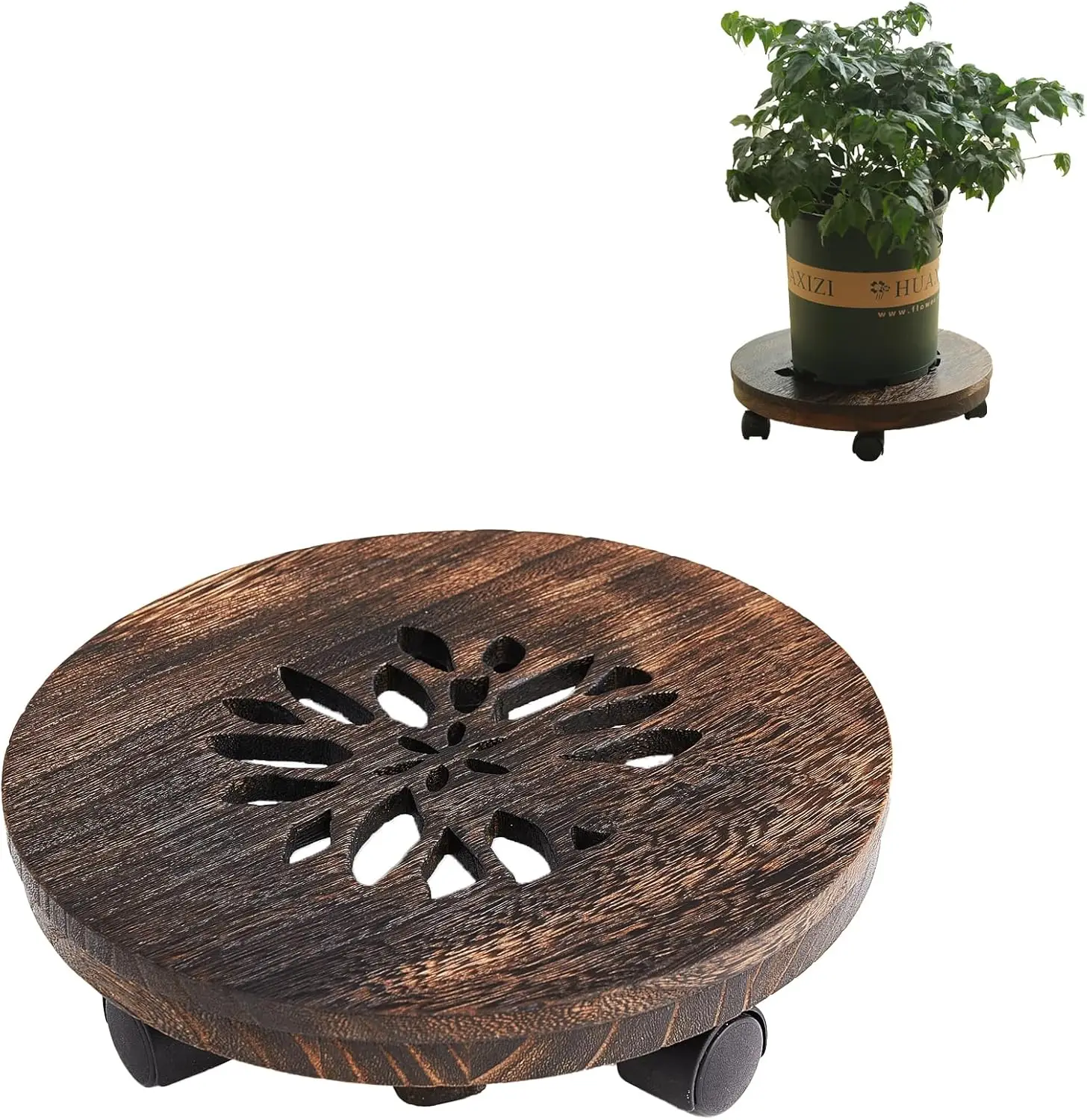 12" Rolling Plant Stand with Lockable Wheels, Heavy Duty Wood Caddy for Indoor Outdoor Potted Plants