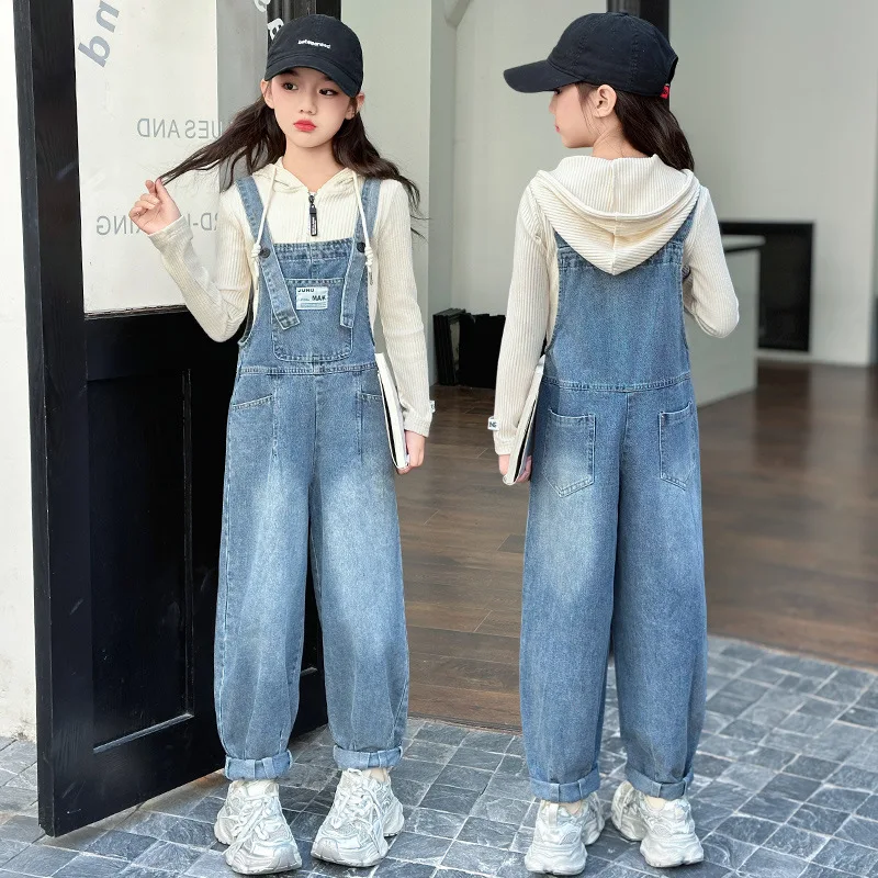 New Kids Denim Overalls for Teenagers Spring Jeans Dungarees Girls Pocket Jumpsuit Children Boys Pants For Age 5 7 9 11 13 Years