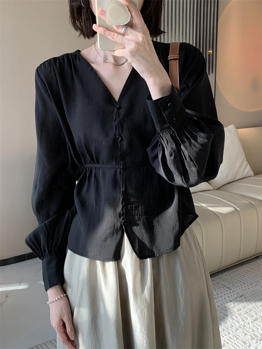 Summer Rayon New Female V-Neck Shirts Lantern Sleeves Loose Fit Versatile Office Lady Temperament Cozy Streetwear Coats Blouses
