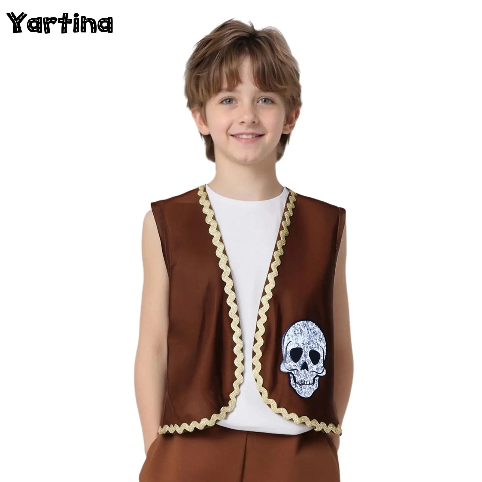 Boys Girls Pirate Captain Cosplay Costume Open-Front Vest Pirate Fairy Tale Tank Tops Medieval Waistcoat Halloween Outfits