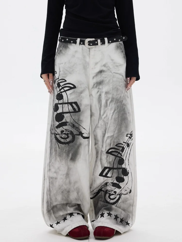 2025 Cyber Y2K Streetwear Dirty Washed White Musical Note Printed Women's Jeans Pants For Woman Clothing Wide Leg Long Trousers