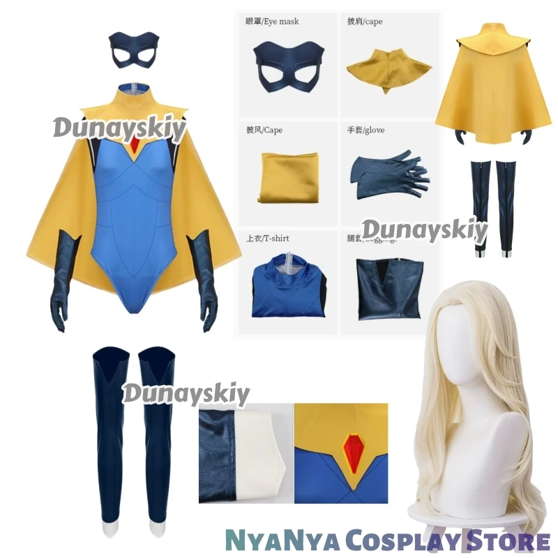Blonde Blazer Mandy SDN Cosplay Costume Wig Cloak Jumpsuit Eye Mask Gloves For Women Girls Men Game Dis Patch Halloween Full Set