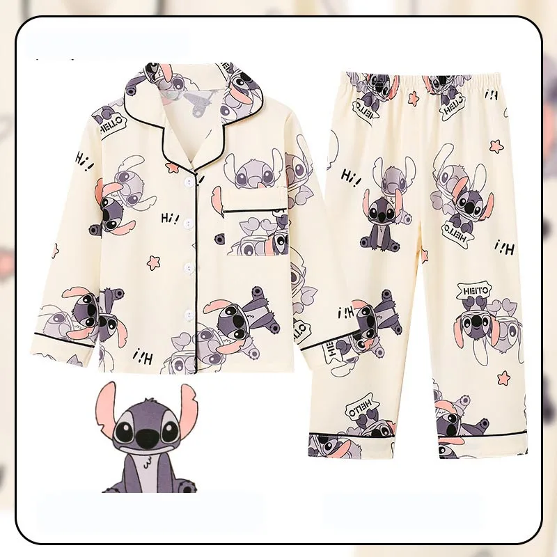 Children's Full Sleeve Button Down 2piece Boys Stitch Pajamas Sets Kids Pyjamas Suits Teen Loungewear Homewear