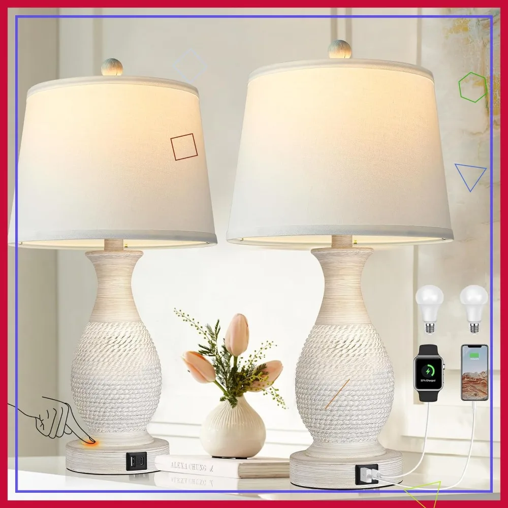 Set of 2 Touch Table Lamps with USB C+A Charging Ports, White Fabric Shade, LED Bulbs Included