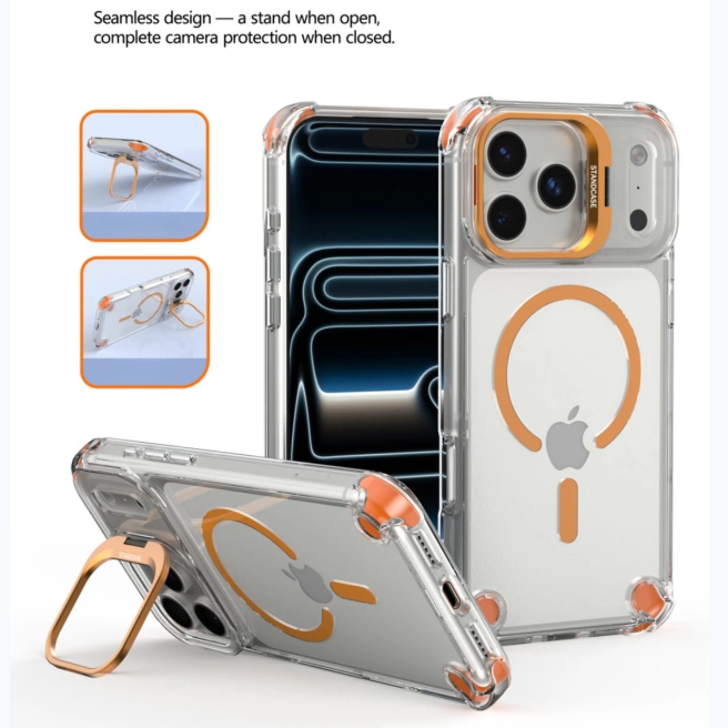 Luxury Magnetic Clear Magsafe Phone Case For iPhone 17 Pro Max 17Air 17Pro Glass Lens Protector Stand Anti-Drop Bumper Cover