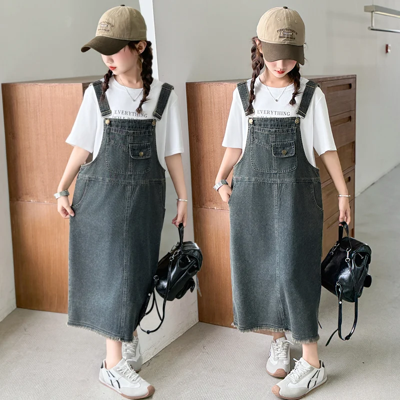 Kids Child Long Summer Denim Pinafore Dress for Girls Fashion Casual Strap Dress Korean Teenager Vintage Denim Overalls 5-14 Y