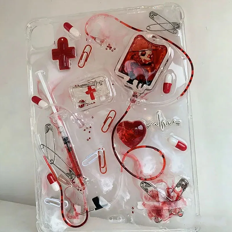 Handmade Drip Glue Process Funny Plasma Blood Bag Syringe Tablet Personal Computer Protective Case Halloween Novelty Gothic Gift