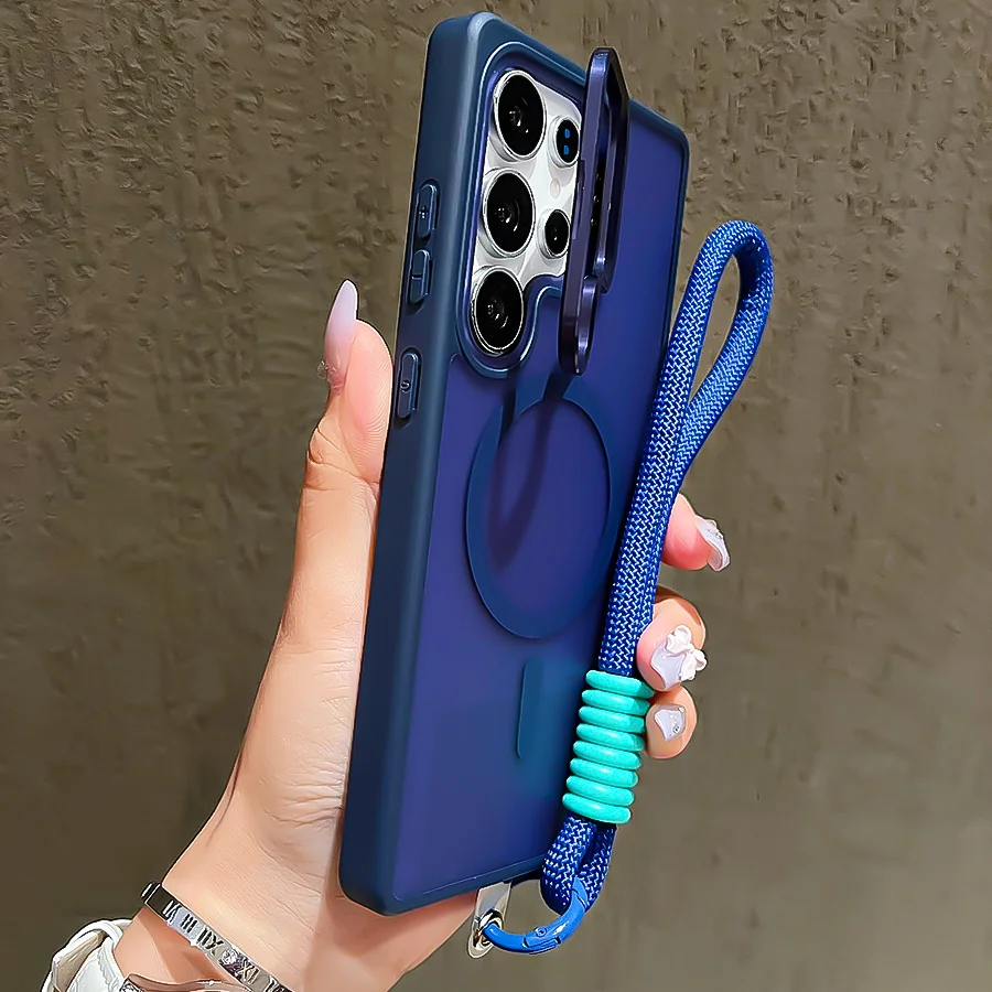 Metal Stand Camera Protector Phone Case For Samsung S25 Ultra S24 Plus S23 FE A56 A16 A36 For Magsafe Magnetic Wrist Strap Cover