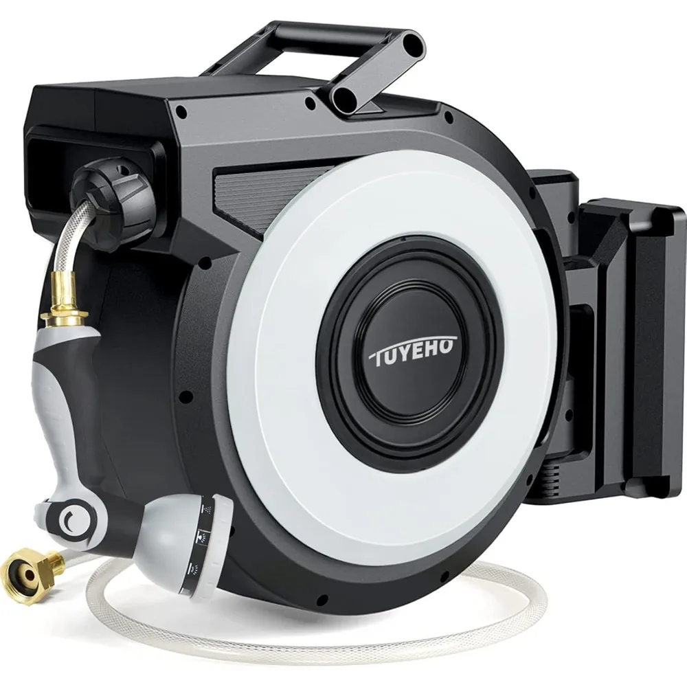 Retractable Garden Hose Reel 5/8 x 90 ft, Wall Mount Water Hose Reels with Automatic Slow Rewind System, Outdoor Hoses Re