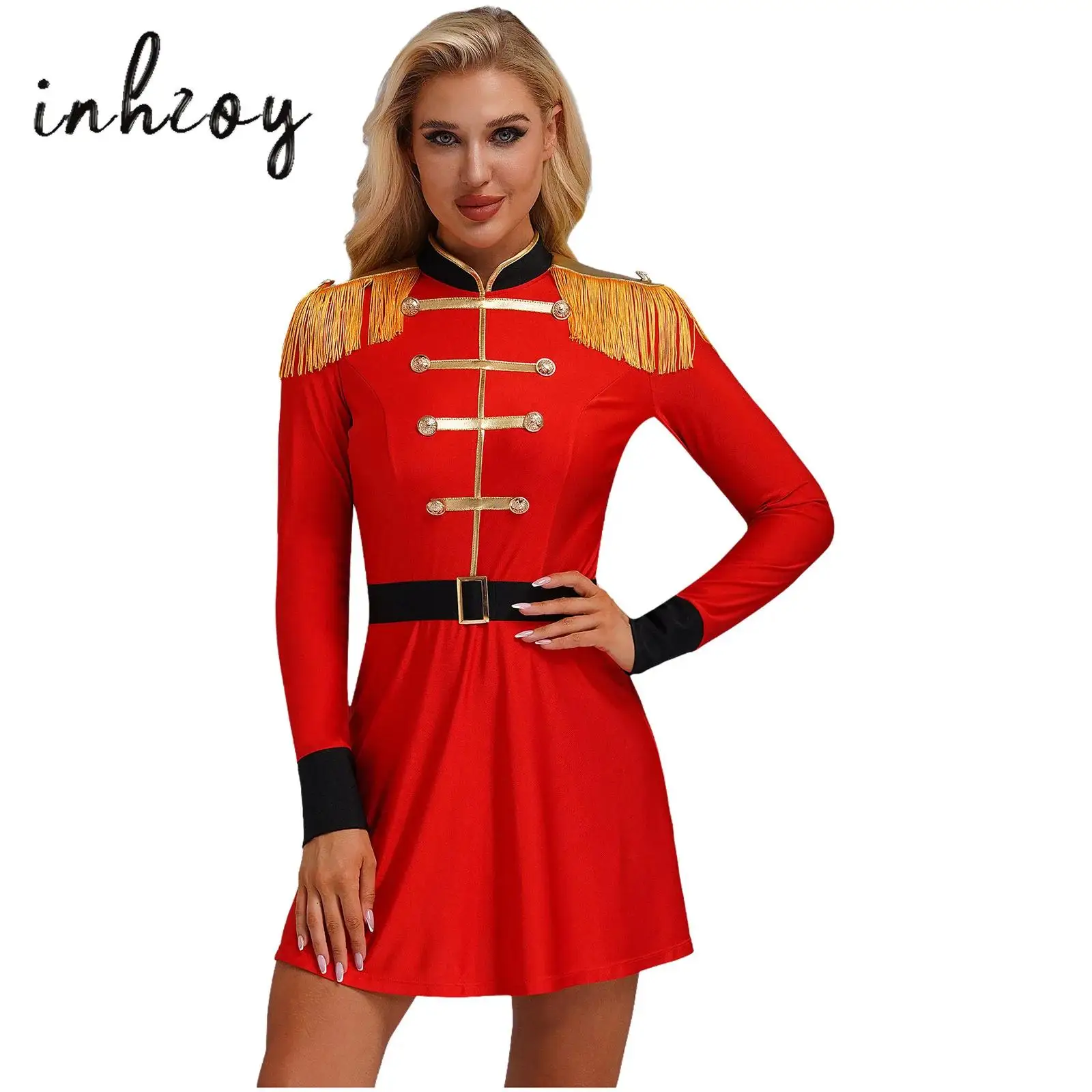 Womens Halloween Circus Ringmaster Lion Tamer Costume Long Sleeve Tassel Shoulder Dress with Belt Set Magician Dress Up Costume