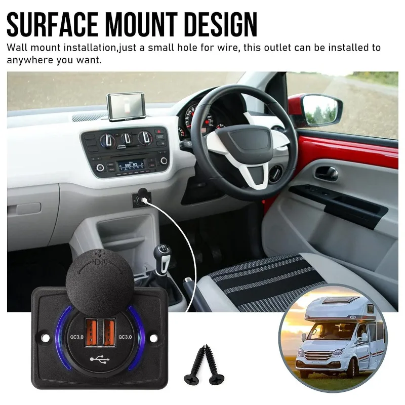 Peel-and-Stick Dual USB Car Charger,No Tools Installation Fast Charger for Dashboard Universal 12V/24V Charger for Car Bus RV