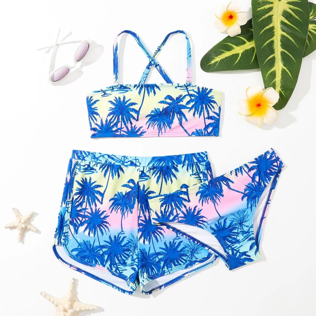 Girls 3pack Coconut Palm Print Bikini Sets with Shorts Trunks Kids Swimsuit 7-12 Years Children's Swimwear 2024 Bathing Suit