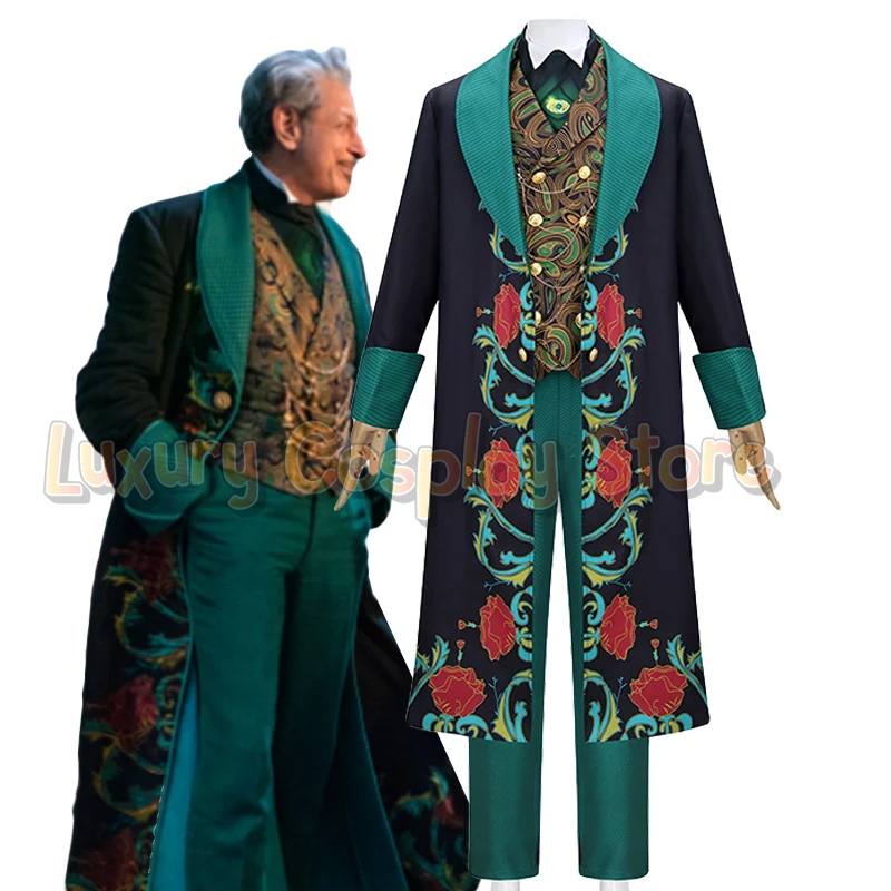 2025 Movie Wizard Cosplay Costume Men Fancy Green Suit Floral Pattern Wicked Trench Vest Pants Set Halloween Carnival Party Suit