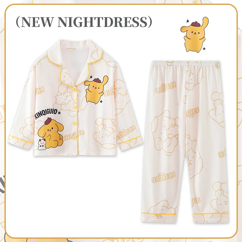 Sanrios Kawaii Pompompurin Pajamas Girls Cinnamoroll My Melody Long Sleeve Cardigan Female Anime Cute Home Clothes Gift for Kids
