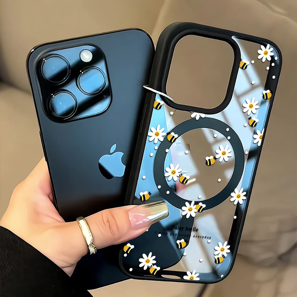Fresh Daisy Bee Phone Case For iPhone 16 15 14 Plus Air For iPhone 13 15 16 17 14 12 11 Pro Max For Magsafe Magnetic Clear Funda