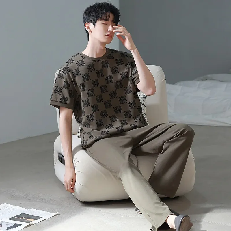 Elegant Mens Pajama Summer Knitted Cotton Leisure Sleepwear for Men O-neck Short Sleeved Long Pants Pijamas Set for Boy Dropship