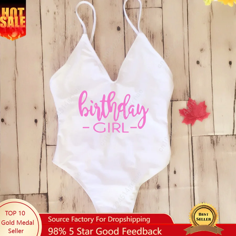 Girls Birthday Padded Sexy One Piece Swimsuit Birthday Girl & Entourage Women Fused Swimwear Backless Bather Monokini Beachwear