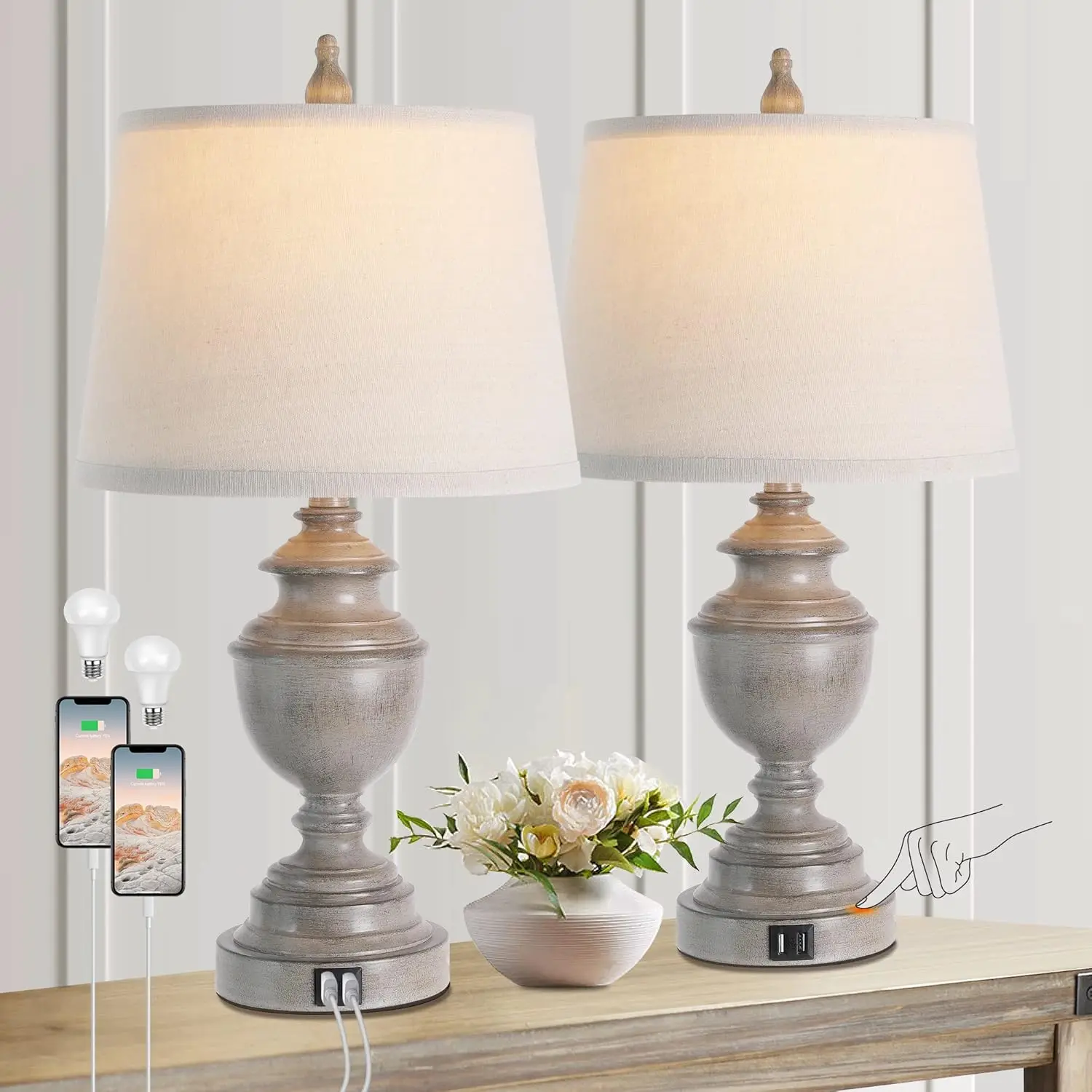 Set of 2 Gray Vintage Table Lamps with USB Port, Dimmable Touch Control for Bedroom Nightstand, Farmhouse Style