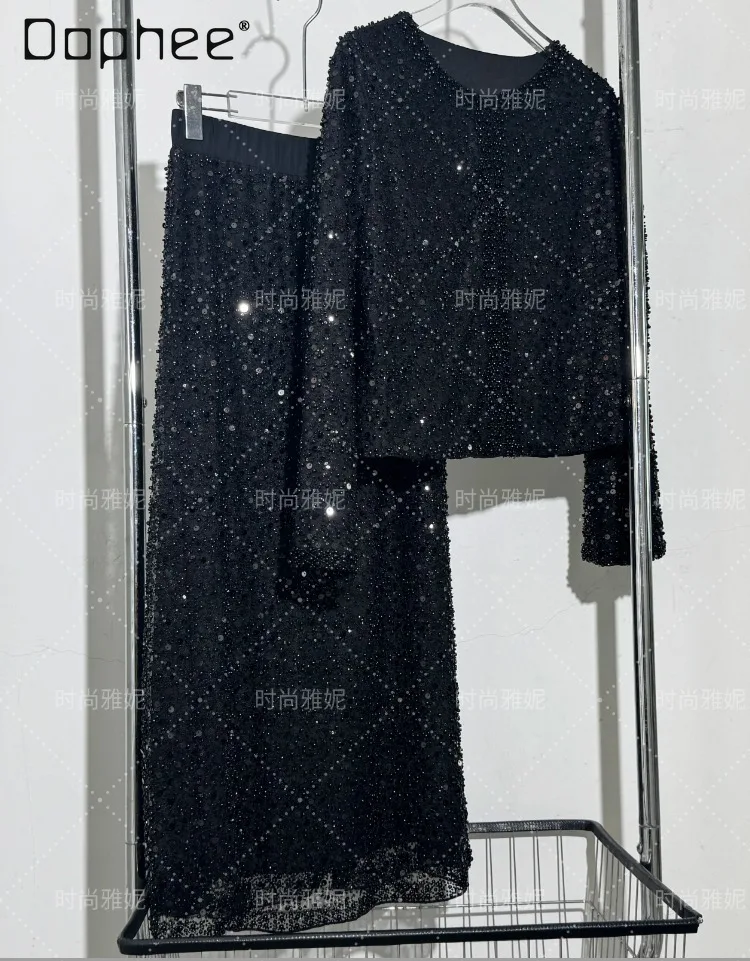 Fashion Heavy Sequin Beaded Cardigan Jacket for Women Slim Fit Bodycon Mid-Length Skirt Trendy Long Sleeve Coat
