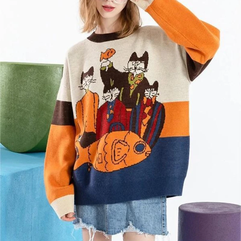 American cute cartoon cat magic embroidered sweater Harajuku retro style knitted sweater Y2k pullover in autumn and winter
