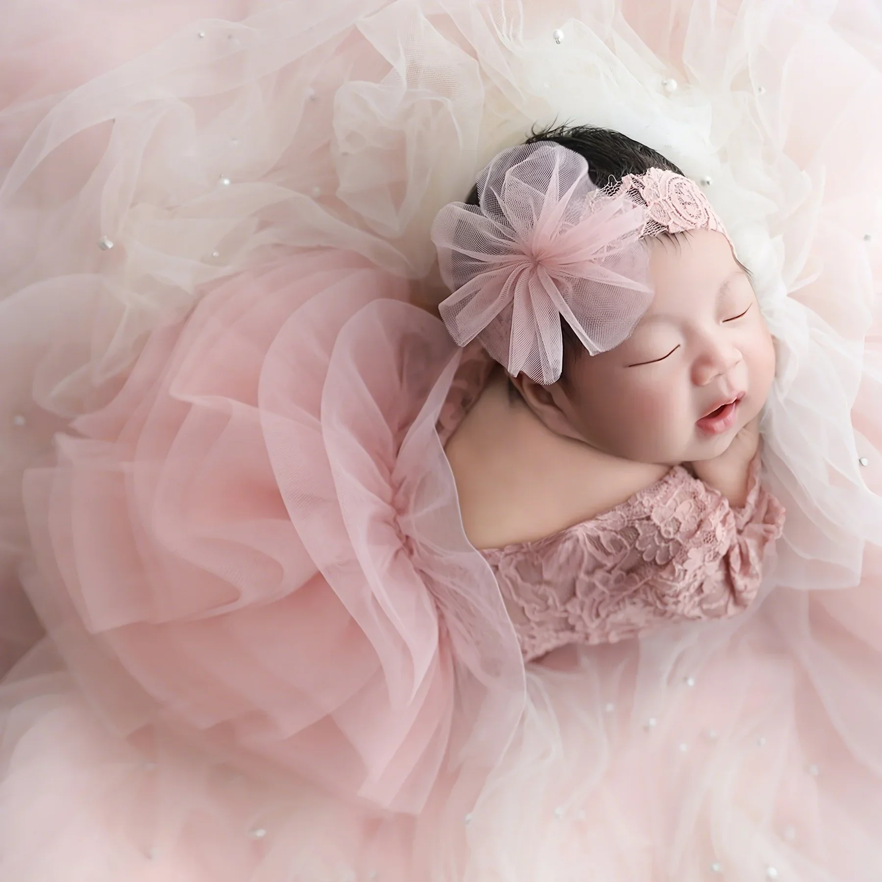 2Pcs Dusty Pink Newborn Lace Romper For Photo Shooting Fluffy Mesh Lace Photography Outfits With Headband