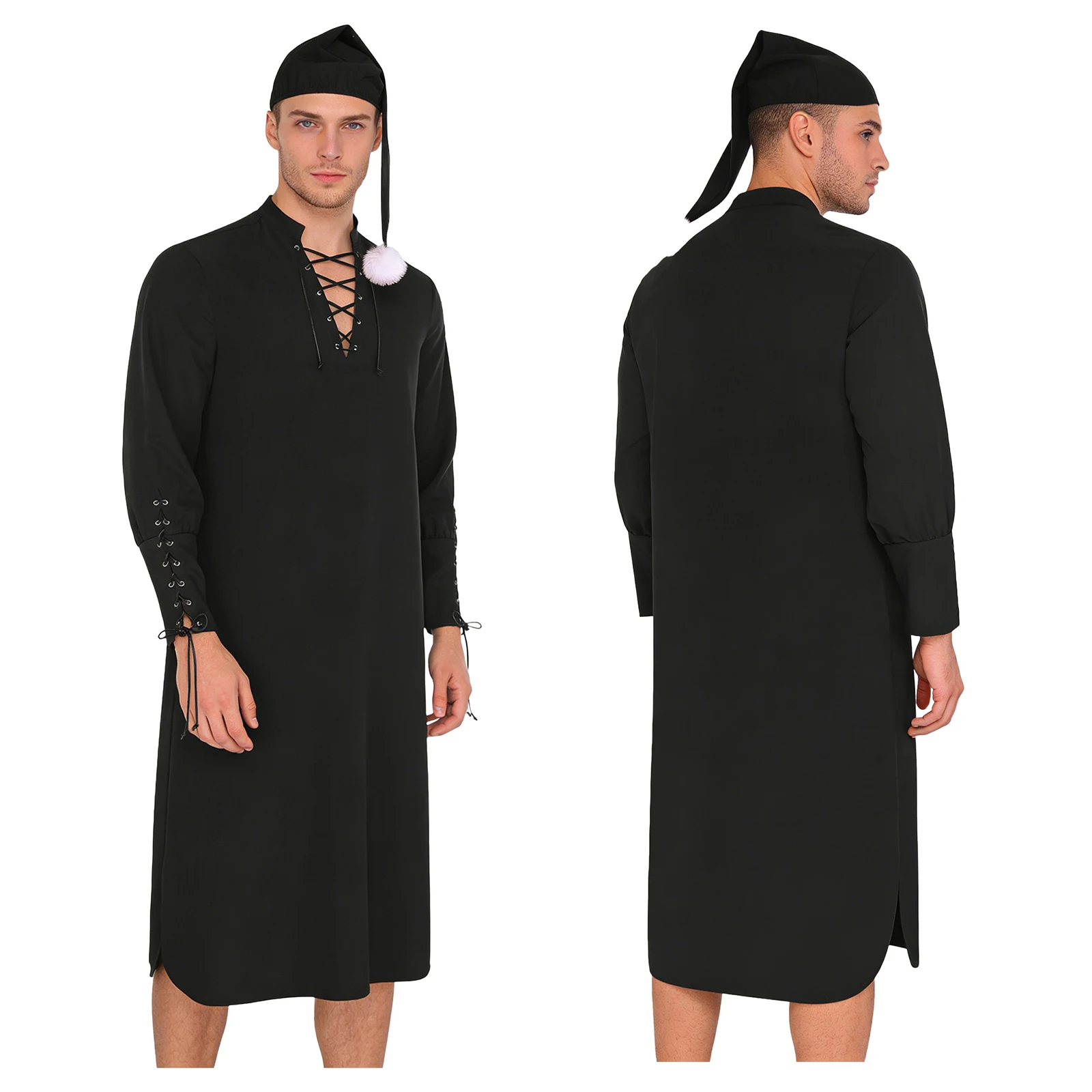 Men Long Sleeve Vintage Renaissance Sleep Robe Loose Nightgown with Hat Pajamas Set Christmas Carnival Sleepwear Party Costume