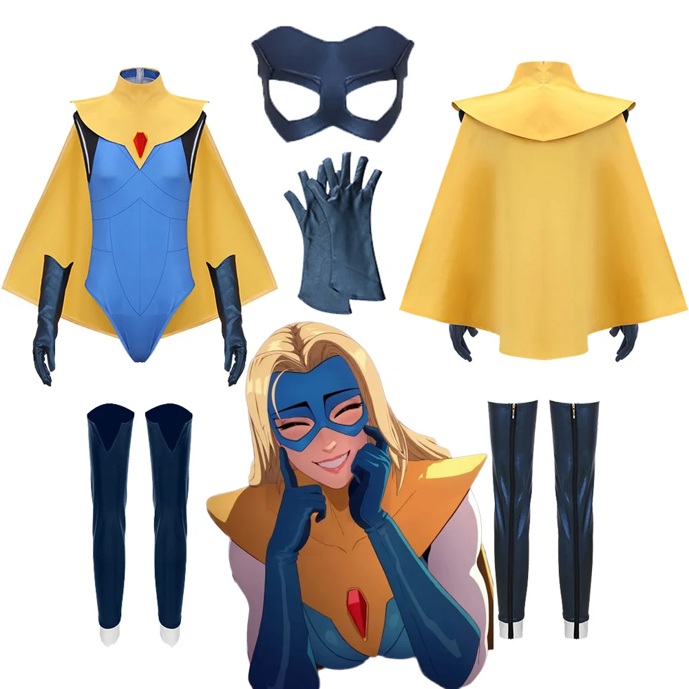 Game Dis Patch Dispatches Blonde Blazer Cosplay Costume Yellow Cloak Blue Jumpsuit Mask Clothing Outfits Halloween Carnival Suit