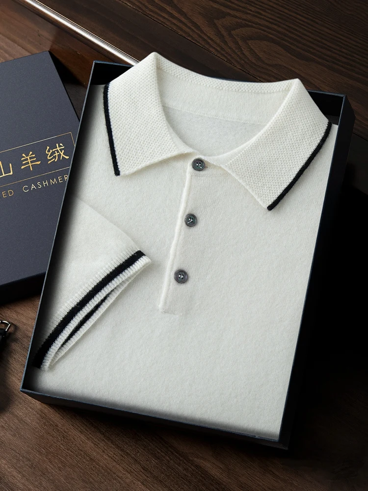 ADDONEE Men's Cashmere Summer Polo T-shirt Smart Casual Short Sleeve Pullover Sweater 100% Cashmere Knitwear Korean Fashion Tops