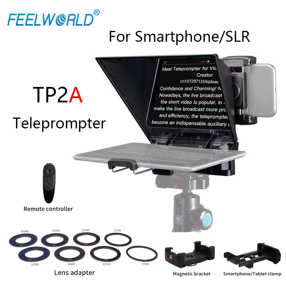 FEELWORLD TP2A Portable 8-inch Teleprompter Supports up to 8" Smartphone/DSLR Shooting with Bluetooth Control Lens Adapter Rings