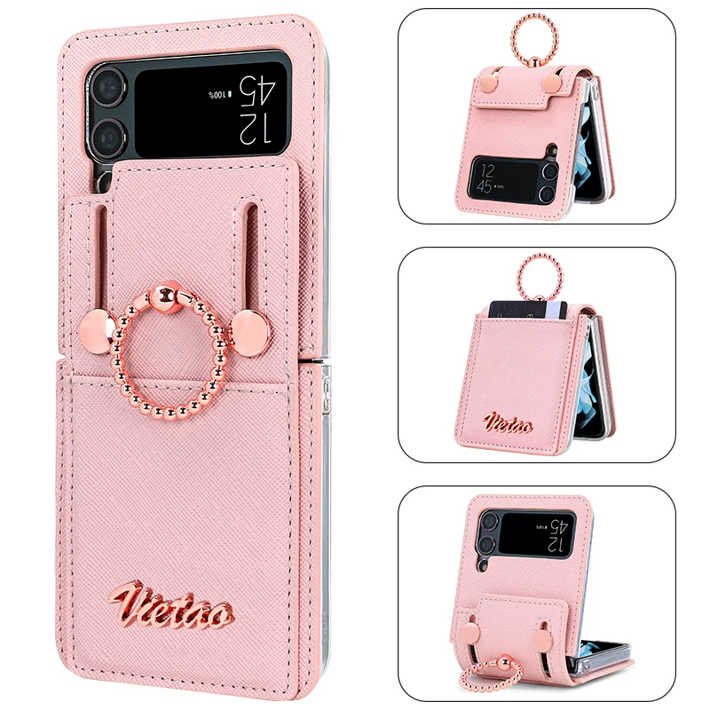 VIETAO Z Flip 3 Phone Case With Finger Ring Holder, PU Leather Cell Phone Cover For Galaxy Z Flip 3 With Card Slot, Rose Gold