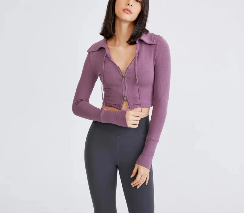 2026 New Short Sexy Crop Sports Jacket for Women, Autumn Slim-Fit Zip-Up Running Long Sleeve Top