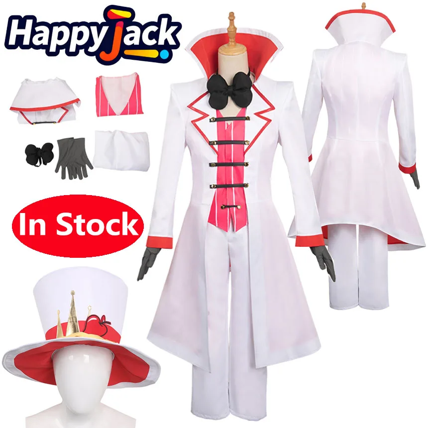 Lucifer Cosplay White Hat Costume Suit Cartoon Anime Hell Inn Disguise Men Tops Coat Pants Gloves Necktie for Halloween Carnival