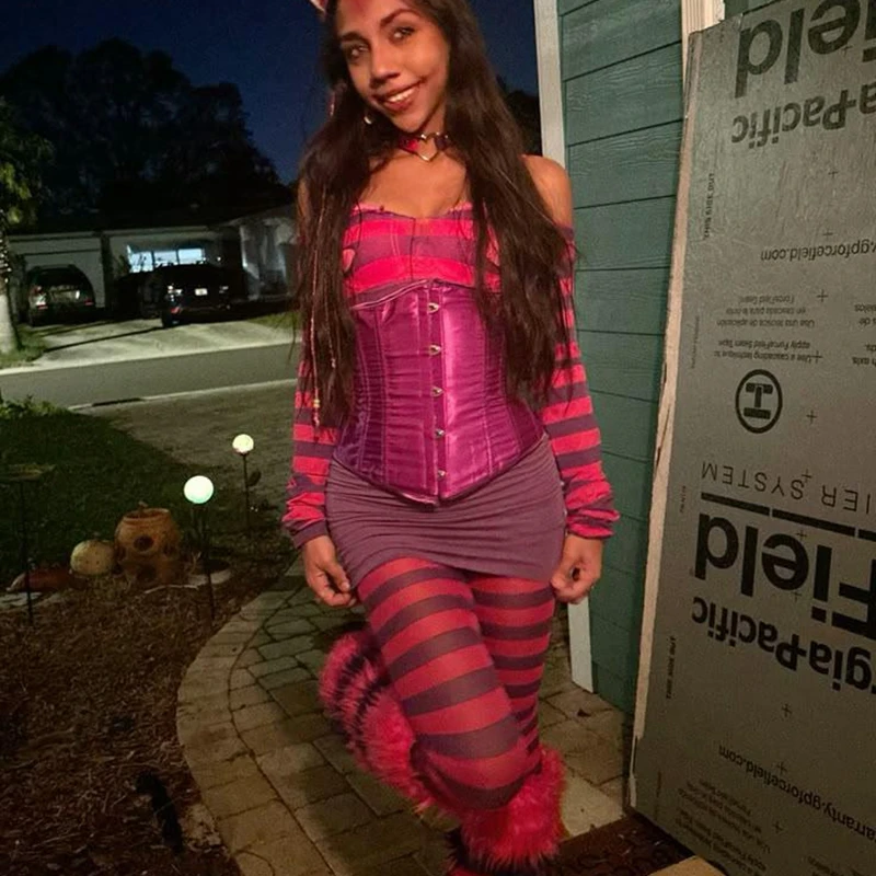 Cheshire Cat Halloween Costumes Women Striped Long Sleeve Shirt with Leggings Party Cosplay Outfit Dress Up Costume