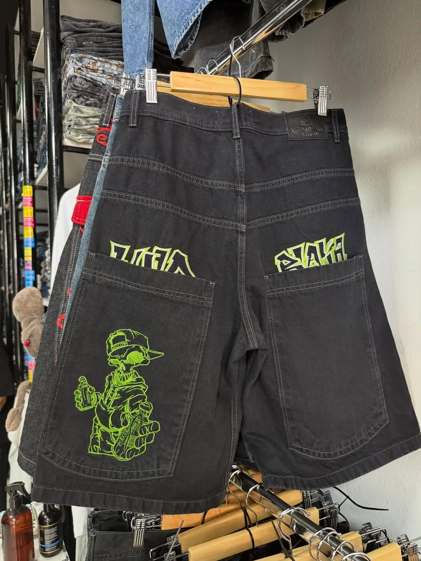 Y2K Green Skull Denim Short Jeans Men Gothic Heavy Industry Women Hip Hop Streetwear Loose Camo Denim Fitness Casual Shorts