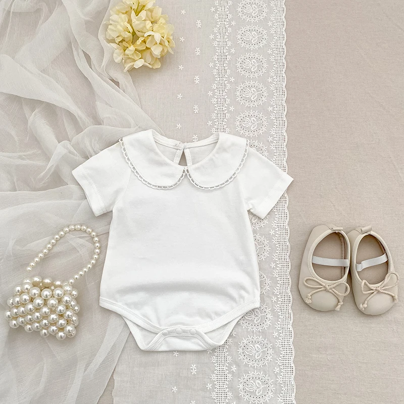 0-24M Summer Newborn Kids Baby Girls Doll Collar Solid Color Rompers Infant Baby Girls Short Sleeve Rompers Clothes White Infant
