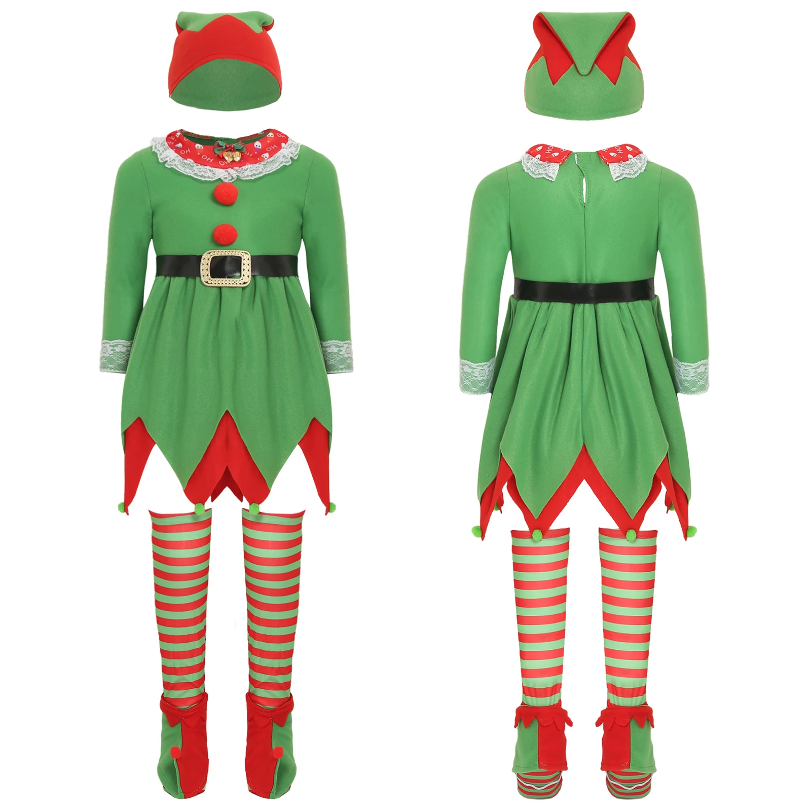 Girls Christmas Elf Costume Long Sleeve Bell Lace Decor Dress with Hat Belt Sock Shoe Covers for Xmas Party Cosplay Performance