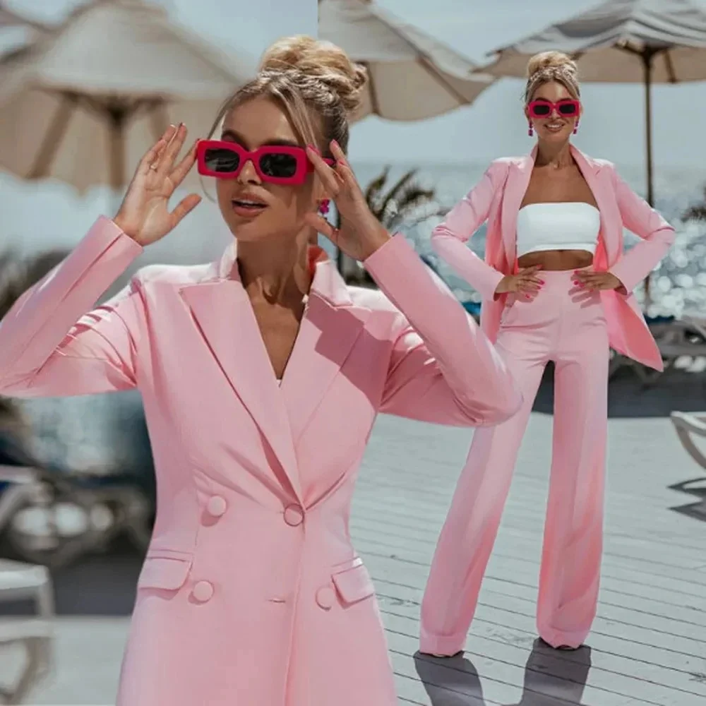Chic Pink two Pieces Suit Set for Women Slim Fit Office Business Female Clothing One Button Peak Lapel Jacket Pant Set