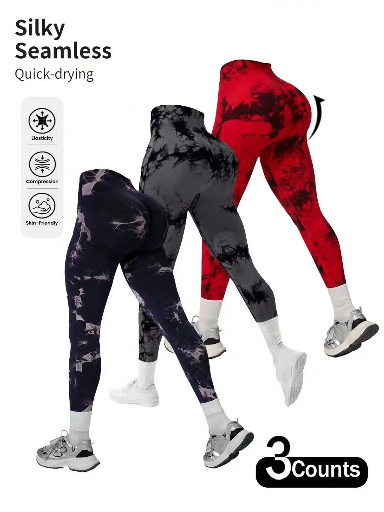 3pcs Women's High-waisted Seamless Tie-Dyed Sports Leggings,Lift the Buttocks and Slim the Legs Yoga Leggings