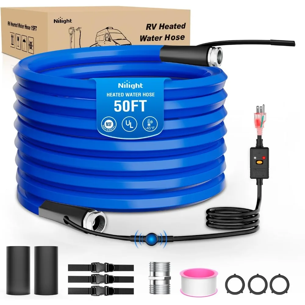 50FT Heated Water Hose RV 5/8” Inside Diameter -45°F Freeze Protection Antifreeze Garden Drinking Hoses with Saving Therm