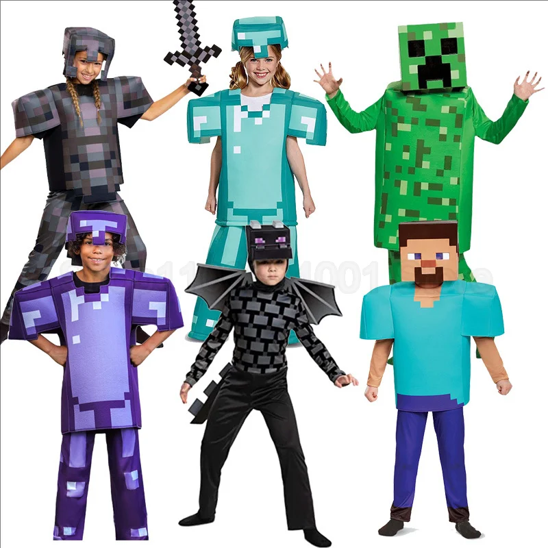 Kids Cosplay Diamond Armor Game Character Steve Cosplay Costumes 3 Pieces Set Blue Outfits Dress Up Set for Halloween For Child