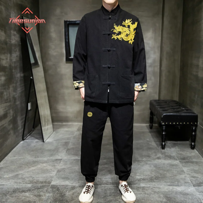 Kungfu Tai Chi Tracksuit Men Chinese Style Golden Dragon Embroidered Retro Cotton Linen Jackets Pants Tang Suit Men Traditional