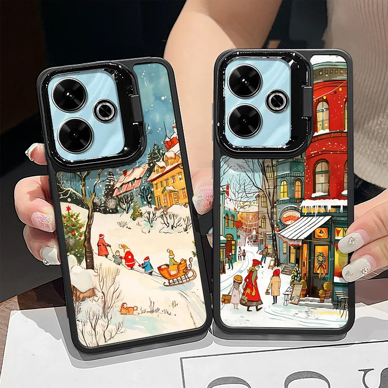 Winter Snow Scenery Printed Lens Frame Holder Case For Xiaomi Redmi Note 13 12 11 Pro 5G 13C 4G Kickstand Soft TPU Phone Cover