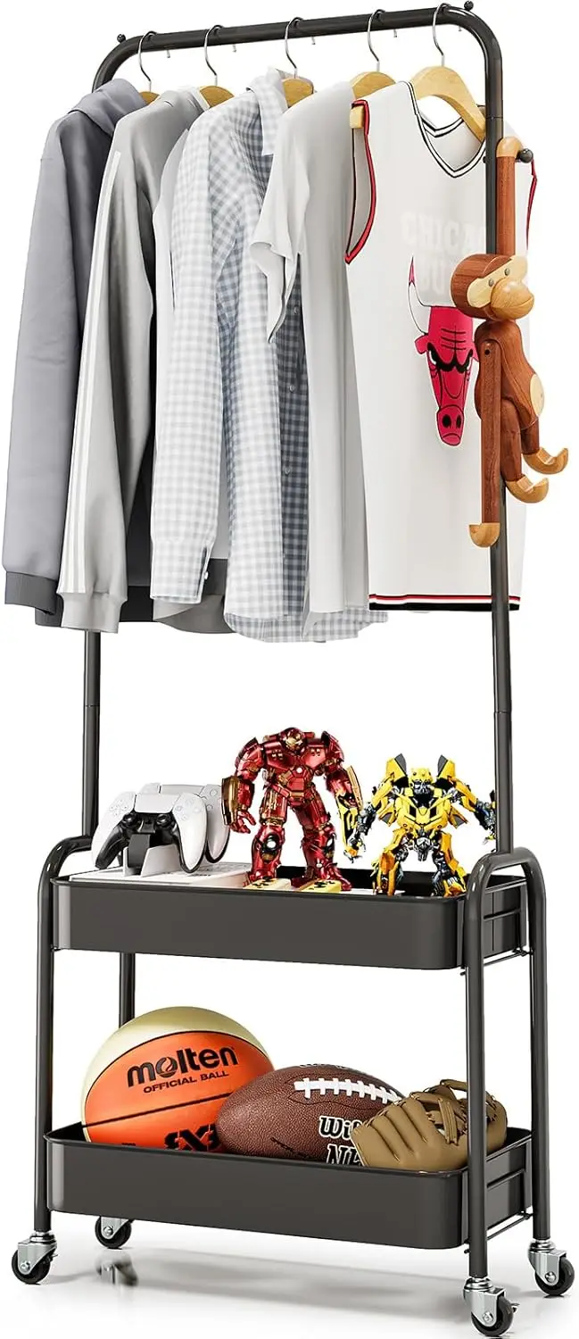Portable Rolling Garment Rack with Wheels and Baskets, Black Metal Storage for Hanging Clothes